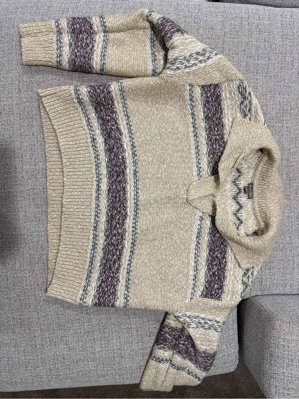 Falls Creek Beige Knit Pullover Sweater L Striped Pattern Long Sleeve Collared